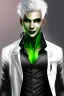 Placeholder: plauge doctor in balck leather clothes with silver hair, pale skin and bright green eyes smiling with sharp teeth, nice young face