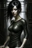 Placeholder: pretty girl, aged 15, black hair, dystopia, athletic, digital art, black bodysuit