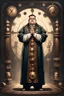 Placeholder: толстый священник с сложенными в молитве ладонями, стоит в полный рост в пол оборота, стиль стимпанк