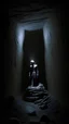 Placeholder: sculpture of a figure in semi-darkness, on the scree cone of an underground room dimly lit by daylight coming from a well located forty meters above.