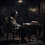 Placeholder: Hyper Realistic Jaun Elia Poet Sitting A Wooden Chair In His Dark Vintage Room Writing Poetry With Cigarette In His Other Hand At Dark Night With Cinematic & Dramatic Ambiance.