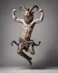 Placeholder: A horned satyr on full-length hind legs, legs in gray wool, jumps and smiles, sends an air kiss