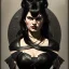 Placeholder: painted portrait of evil goddess in black leather, angry, strong, volouptous, busty, cleavage, emperious, mature, highly detailed, digital painting, artstation, concept art, smooth, sharp focus, illustration, art by gaston bussiere and alphonse mucha