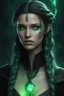 Placeholder: Young beautiful female warlock Hexblood. Skin is lightly tanned. Hair is long, silky jet black with elegant half braids and straight flowing hair. Eyes glow pale emerald green. Delicate face, full lips, high cheekbones. Dark magical vine markings on neck and collarbone. Mysterious and enchanting. Realistic, cinematic, highly detailed dark fantasy.