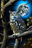 Placeholder: a horned Owl sitting on branch in oak tree with full moon behind it