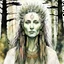 Placeholder: create an ink wash and watercolor full body portrait of a pale female tribal druid priestess, with highly detailed, delicate feminine facial features, inhabiting an ethereal Northern forest of ancient hemlocks, in the comic book style of Jean Giraud Moebius, David Hoskins, and Enki Bilal, precisely drawn, boldly inked, with vibrant colors