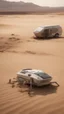 Placeholder: A zoom in Scorpion and in the background realistic photo of a landscape covered in sands that looks futuristic with futuristic lighting , a caravan from the “Breaking Bad” episodes