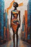 Placeholder: an impasto painting of a woman standing in front of a city, op art, retro 3 d graphics, bronze - skinned, geometric curves, featured art, ink leak, philosophical splashes of colors, art brought to life, facial symmetry