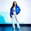 Placeholder: liminal space, blue and white, retrofuturism, empty stage,full body of very beautiful girl with pants and blouse and jacket , curvy hair ,standing idle pose in studio pretty makeup,perfect face,sport shoes