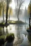 Placeholder: Circle pond, soft fog, with light breaking through, tall white birch trees, and a stone path flanking both sides of the pond going up to a gazebo, mystic fantasy genre