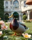 Placeholder: Generate image: Generate image: Generate image: A macro 3D render of a cute, lovely mallard with dark green neck ,made of translucent, glossy,colored jelly material. is landing in yard of a luxury villa next to flowers ,subsurface scattering and gelatinous texture . High-quality CGI, octane render, 8k resolution, whimsical, adorable, clean composition. long shot ,4:3,write in top in 3d "Happy Birthday"