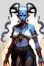 Placeholder: A full body image of this tiefling woman she has fire powers, she is floating she has lots of jewelry and the horns of a ram and also the horns of a gazelle, her outfit is white and her body is covered in tribal tattoos, she is about to attack