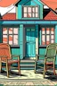 Placeholder: Two chairs outside the house, cartoon style, thick lines, vivid details, --ar 9:11