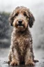 Placeholder: Stray homeless labradoodle dog. Sad abandoned mixed breed hungry puppy sitting over a white background under rain. Dirty wet lost dog outdoors. Pets adoption, shelter, rescue, help for pets