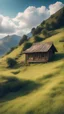 Placeholder: old wooden house in a hill, in the center, one house, sky above, grass mountain, chill, vibrant