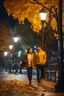 Placeholder: night yellow lights over the street trees autumn leaves under feet ,a Student adult girl with books in her hand walking in street looking to camera her boy friend flowing her with few steps away