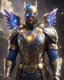 Placeholder: An armor made of a mixture of steel and leather, worn by a strong commander with magical power infinity gauntlet has six infinity stones And two big wings on his back