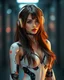 Placeholder: Full body Beautiful woman super model brown long hair wearing earphones science fiction style humanoid half with full body cyborg mechanicals and cybernetics lights,she on standing sweet pose