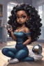 Placeholder: Create a futurism magna art of a black chibi curvy female sitting on the floor looking at herself in a hand mirror. She is wearing tight blue jeans and a black off the shoulder blouse. Prominent make up with lush lashes. Highly detailed long wavy hair. She is also wearing silver large hoop earringsart of a black chibi curvy female sitting on the floor looking at her cell phone. She is wearing tight blue jeans and a black off the shoulder blouse. Prominent make up with lush lashes.