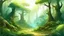 Placeholder: Cartoon illustration for children: Cenozoic misty jungle, millions of years ago, with towering prehistoric trees