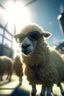 Placeholder: zoom shot on sheep ghost with sun glasses parachuting down to factory roof in winter storm, bokeh like f/0.8, tilt-shift lens 8k, high detail, smooth render, down-light, unreal engine, prize winning, in the style of fallout 4 and gta 4