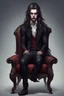 Placeholder: ragazzo vampiro di bellissimo aspetto giovane seduto su una poltrona con capelli lunghi stile realistico