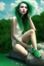 Placeholder: woman sitting on a rock, in a lake, green mottled skin, green hair, blue sky, white clouds