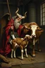 Placeholder: Satan kidnapping young calf while medicating old cow, inside science factory, painted by Rembrandt