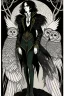 Placeholder: black haired young man necromancer wizard with gothic jewelry and Feathery owl-like hair, has the lower legs of an owl, in the style of Harry Clarke, owl faced