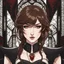 Placeholder: A portrait headshot of a confident looking young woman with pale skin and long brown hair in a dark fantasy setting with intricate details. She is wearing black and read leather, has red eyes, an air of malevolent power surrounds her. Anime style. High definition.