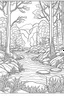 Placeholder: coloring page, woodland retreat, Peaceful Woodland Stream, full view, realistic, coloring page, only draw lines, coloring book, clean line art, –no sketch, color, –ar 3:4, white background, minimalistic black lines, minimal black color, low level black colors, coloring page, avoid thick black colors, thin black line art, avoid colors, perfect shape, perfect clear lines,