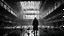 Placeholder: man inside dark extremely large sci-fi old hangar, pigeons flying in distance, dark room, rain, wet, ambient light, photographic, black and white