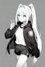 Placeholder: blonde girl with ponytails dressed in a jacket and shorts walks proudly, greyscale