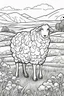 Placeholder: coloring page, sheep in a grassy meadow, cartoon style, thick lines, low detail, no shading