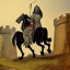 Placeholder: great old knight with flowing white hair and beard riding black horse toward castle