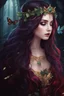 Placeholder: Burgundy hair, dark hair,dark red , rapunzel hair,very long hair,dark fairy princess,elven crown,night,dragonflies,beautiful,ong ashes,golden armor ,sparkle,night blooming,ivy,dark green,lilly of valley,golden elven crown