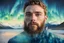 Placeholder: Ton Dubbeldamoil oil impasto painting high quality double-exposure photo handsome young beard ACTOR, wears Joe Casely-Hayford hipster fashion, artistically blended with a Icelandic Dawn Aurora Borealis mountain beach landscape, austrian symbolism, double exposure, (illusion:1.2), mixture, (blue background:1.2), foreground clouds, (digital art:1.3), make up, impasto art style