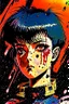 Placeholder: 90s old school anime illustration, sci fi, portrait of a tough female space Captain girl, beautiful symmetrical face, Androgynous, pixie style haircut, sparkling or glittering black hair, pixie cut, blood splattered on her scared, rattled and shook face, space uniform is tattered and ripped with dripping blood, as if she just escaped torture, depraved art, junji ito style, pulp science fiction aesthetic, rotoscoping, violent background and undertone, space battle, feminist art, japanese horror