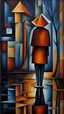 Placeholder: I stand here with the loneliness you left me with crying in rain . Cubism style painting.