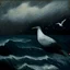 Placeholder: Dark sea weather and a seagull over it painted loosely by Klimt