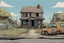 Placeholder: house, dilapidated, post-apocalypse, front view, street , road signs, comic book, cartoon