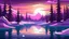 Placeholder: cartoon illustration: beautiful magic frozen lake with pines and purple sky