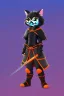 Placeholder: cat 2d, knight, ninja, black fur,full body, orange torn coat,game character, strong, anime, chibi