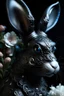 Placeholder: Black Rabbit portrait, textured detailed fur adorned with baroque style grey and black and rlight blue bioluminescence pearls, white lily and black diamond headdress, florals, organic bio spinal ribbed detail of detailed creative 3d baroque style light white floral by moonlight background extremely detailed hyperrealistic maximálist concept art