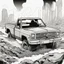 Placeholder: pickup truck , silhouette, comic book, post-apocalypse, white background,