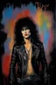 Placeholder: oil painting, text "KISS" - facial portrait with makeup - 20-year-old Paul Stanley with long, wavy curly black 1980's style big hair, wearing a black leather jacket, extremely colorful, multicolored watercolor stained wall in the background - in the art style of Boris Vallejo, Frank Frazetta, Julie bell, Caravaggio, Rembrandt, Michelangelo, Picasso, Gilbert Stuart, Gerald Brom, Thomas Kinkade, Neal Adams - explosions, flames, fog, clouds, dust,