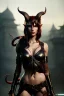 Placeholder: Female Tiefling warrior, demon horns, demon tail, ominous, facepaint, waist up portrait, intricate, oil on canvas, masterpiece, expert, insanely detailed, 4k resolution, retroanime style, cute big circular reflective eyes, cinematic smooth, intricate detail , soft smooth lighting, soft pastel colors, painted Renaissance style