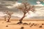 Placeholder: epic clouds, arid land, distant mountains, dry trees, epic