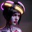 Placeholder: Ghost in the shell style, pretty cyber woman, cables, futuristic, blood, black, gold, brown, geisha style, decorative color feathers, simétrico, circuits, neon style, a lot of led lights, fog, rain, vibrant color, highly detailed, art stations, concept art, smooth, unreal engine 5, god rays, ray tracing, RTX, lumen lighting, ultra detail, volumetric lighting, 3d, finely drawn, high definition, high resolution.