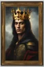 Placeholder: Gothic Gold framed painted portrait of a King wearing a gold crown. His hair is long and dark and he has dark eyes, dak fantasy